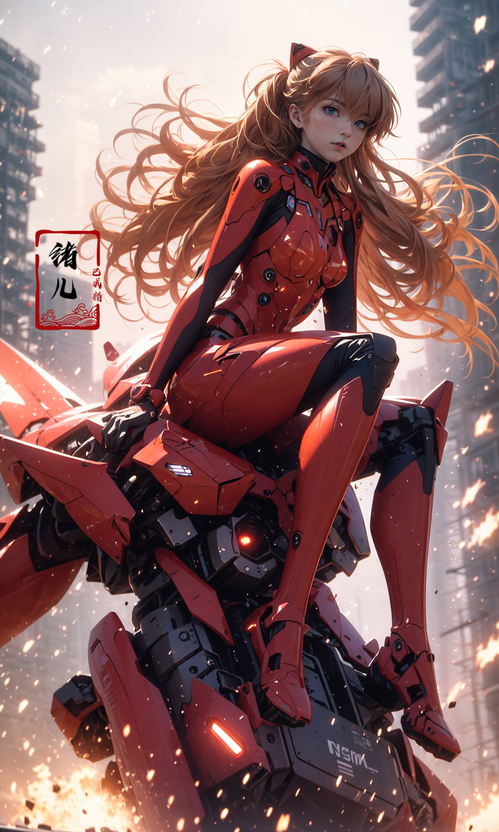 Epic CG masterpiece, Asuka Langley Soryu,hdr,dtm, full ha, Sitting on mecha device, 8K, ultra detailed graphic tension, dy...